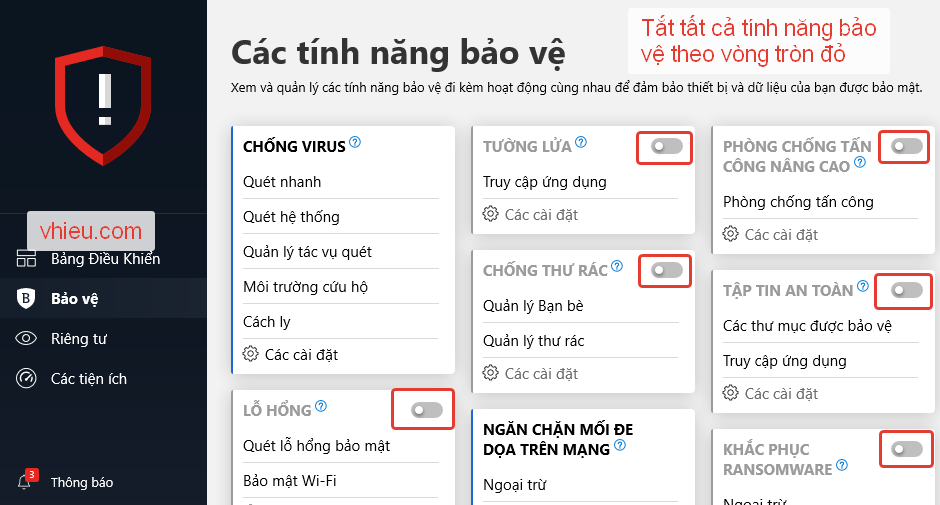 Tắt tất cả tính năng Bảo vệ trong Bitdefender 2019