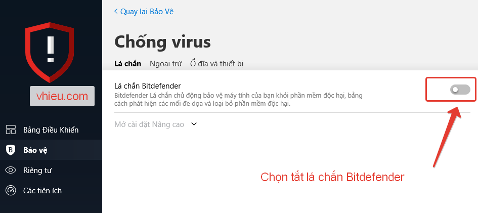 Tắt lá chắn Bitdefender 2019